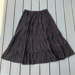 Black tiered peasant maxi skirt with sequins, whimsigoth fairycore bohemian